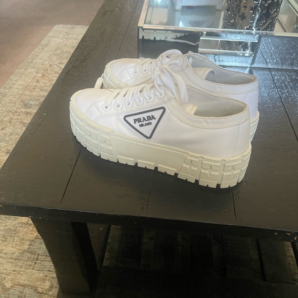 Prada authentic platform white satin tennis shoes